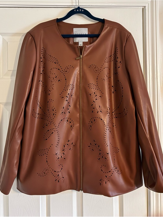 Susan Graver Jackets & Blazers - Susan Graver Brown Faux Leather  Zip Jacket with Laser Detail